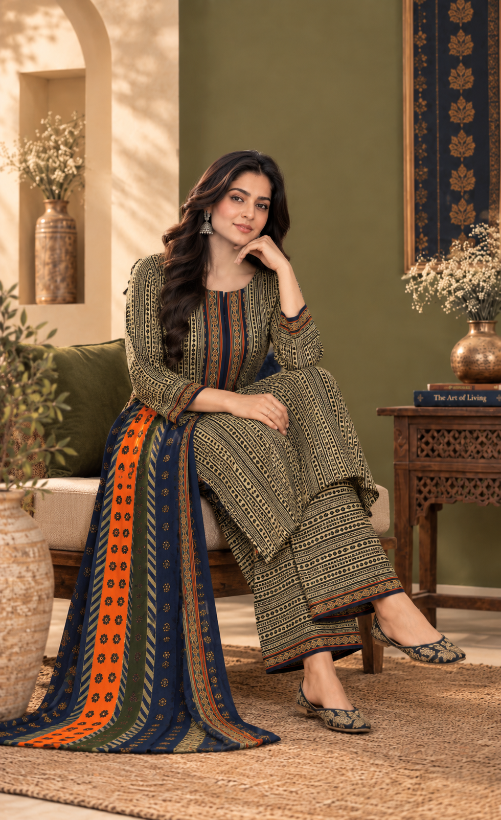 Bin Saeed Olive & Navy Printed 3-Piece Suit