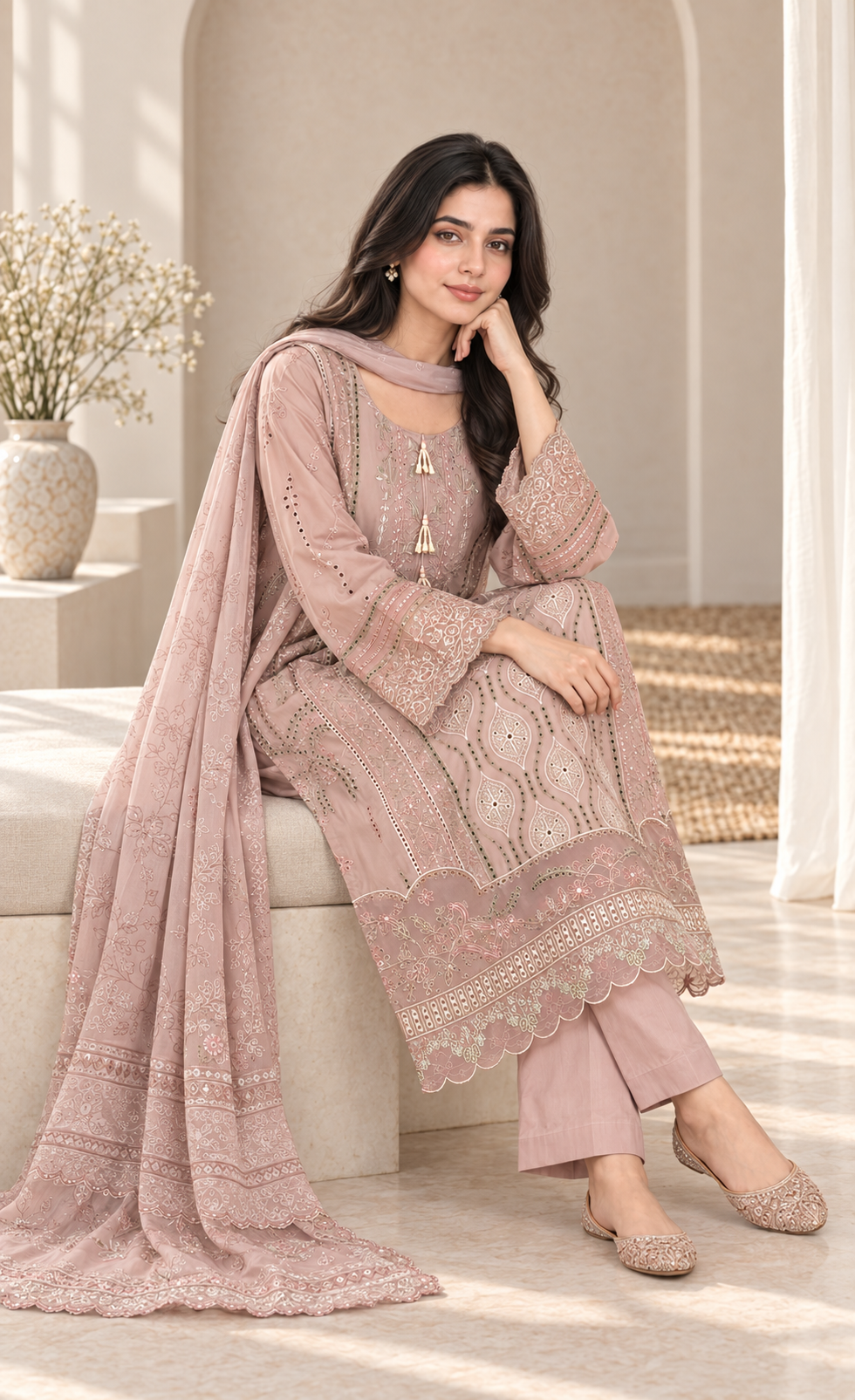 ZAW Fashion Dusty Pink Embroidered 3-Piece Suit