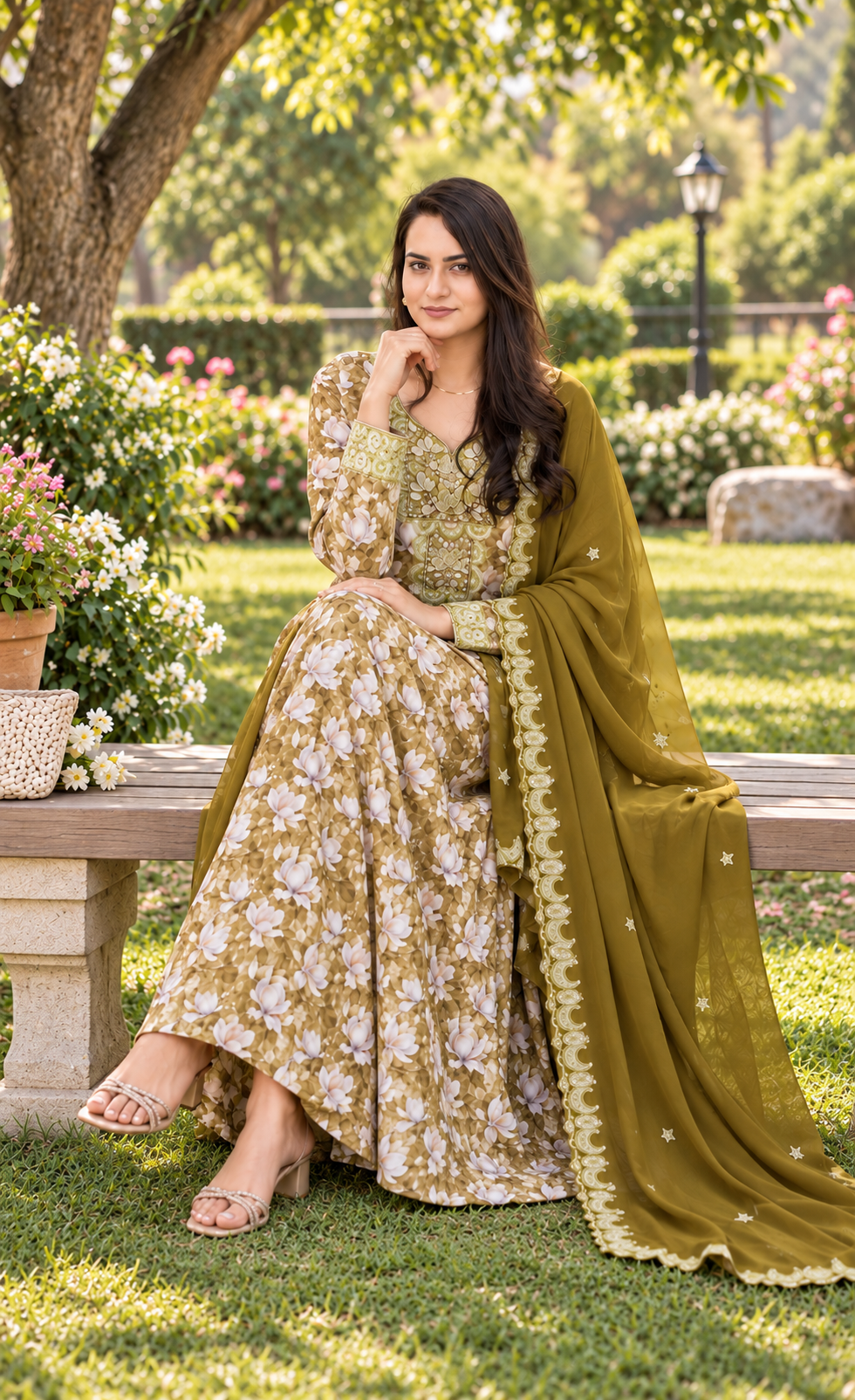 ZAW Fashion Olive Gold Floral Printed 2-Piece Maxi Unstitched