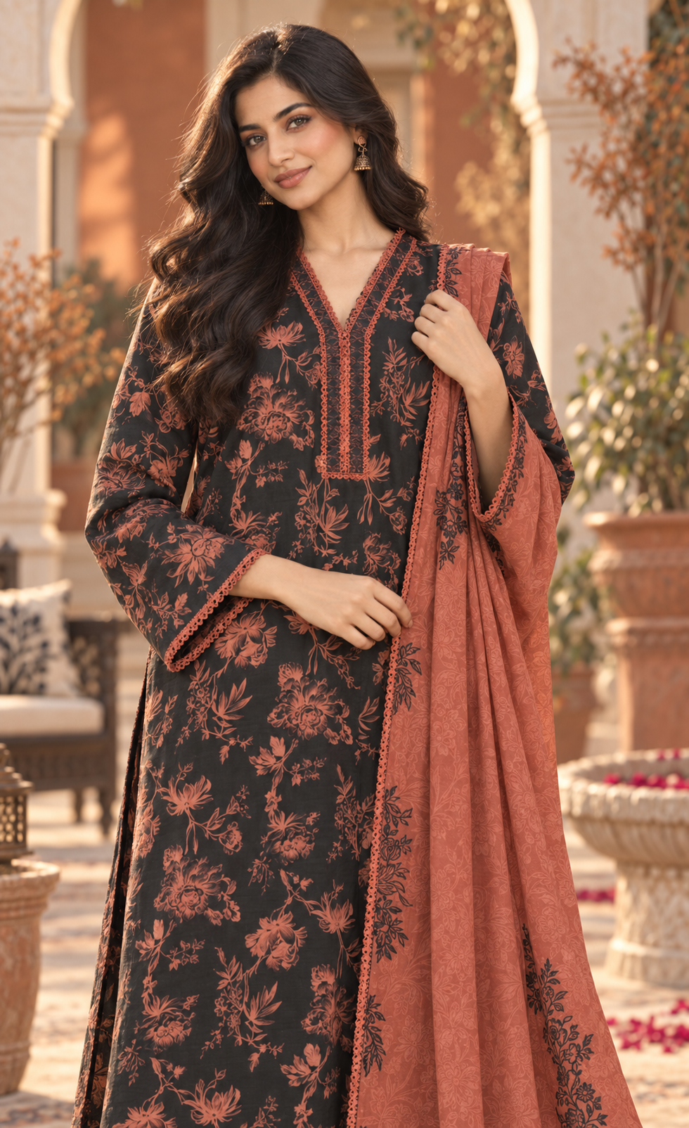 Saya Black & Rust Floral Printed 3-Piece Suit
