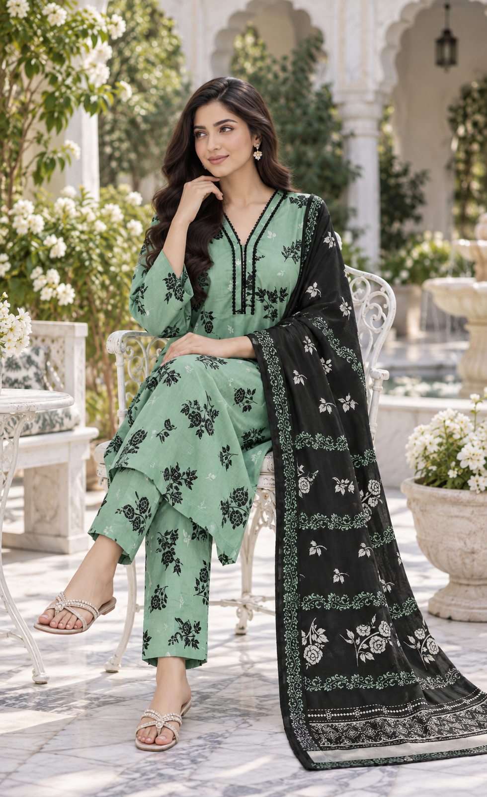 Saya Mint Green & Black Floral Printed 3-Piece Suit