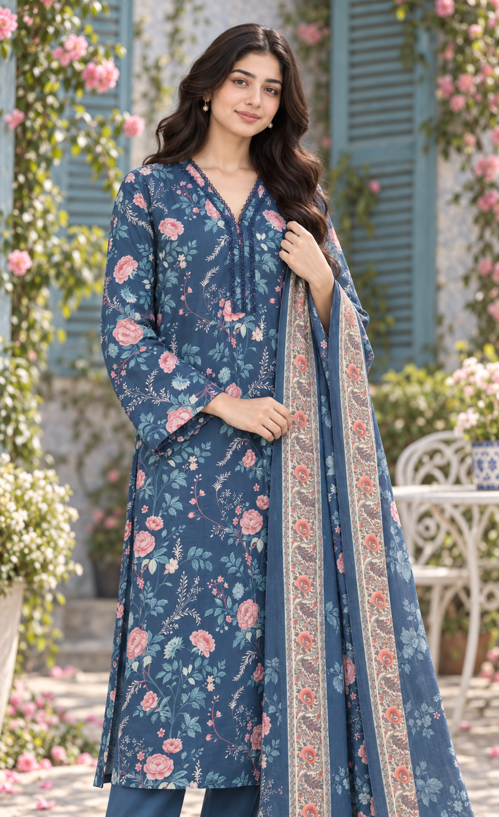 Saya Denim Blue Floral Printed 3-Piece Suit