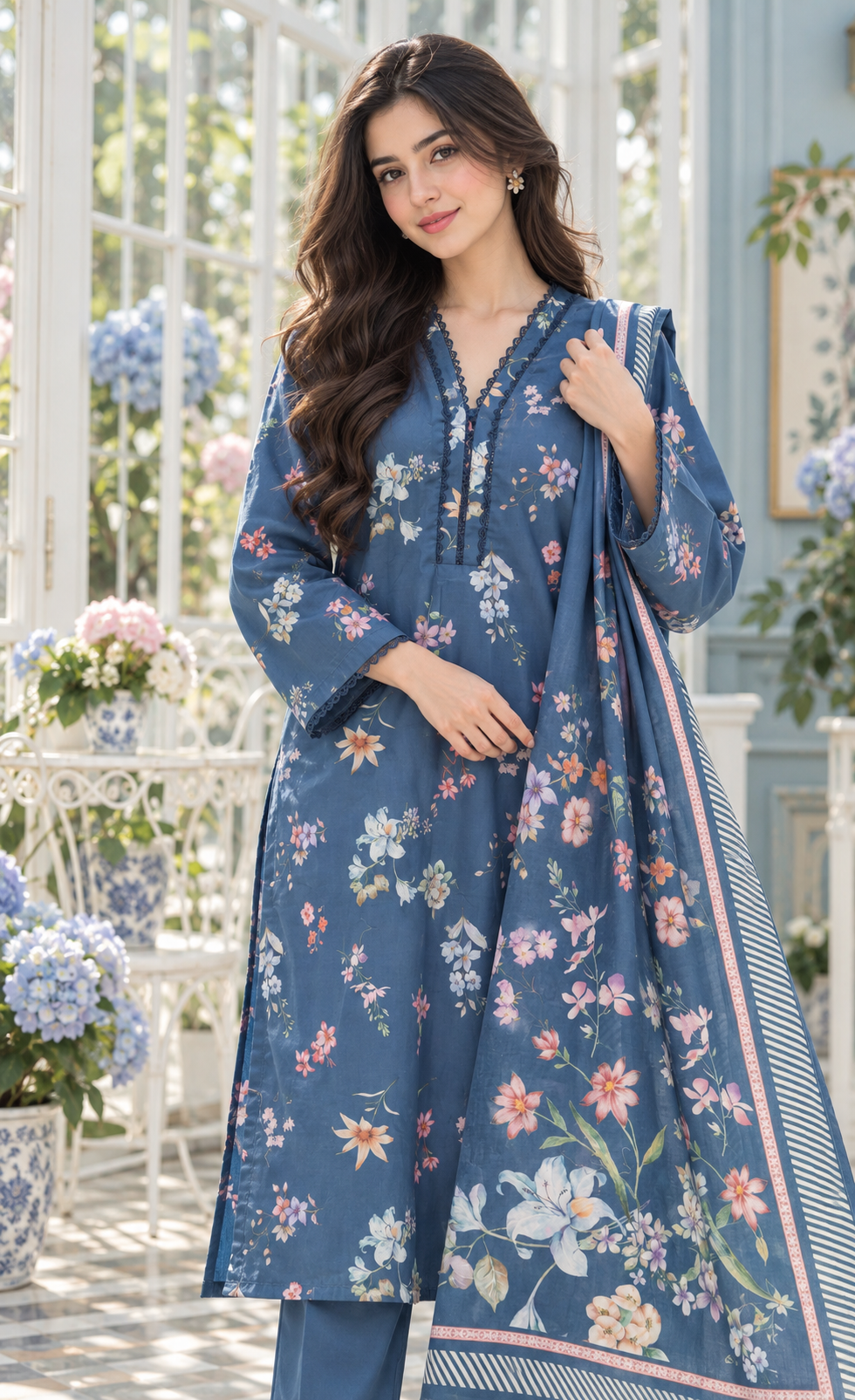Saya Dusty Blue Floral Printed 3-Piece Suit