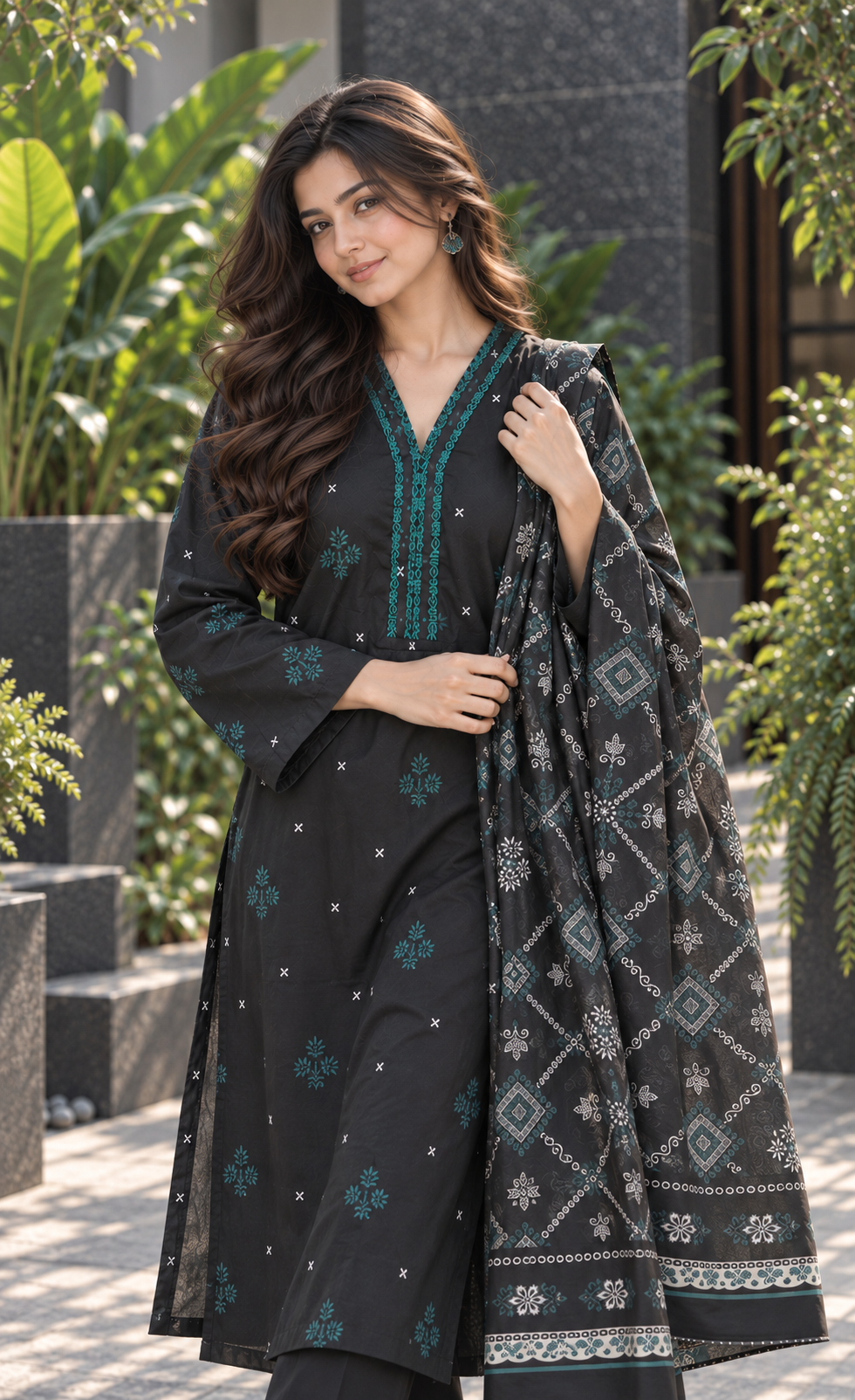 Saya Black & Teal Printed 3-Piece Suit