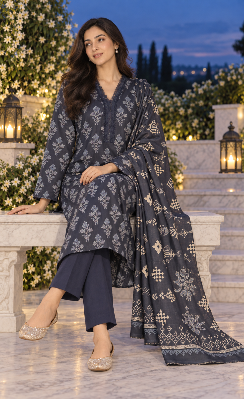 Saya Charcoal Blue Printed 3-Piece Suit