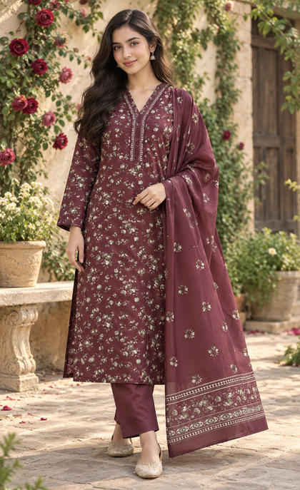 Bin Saeed Burgundy Floral Printed 3-Piece Suit