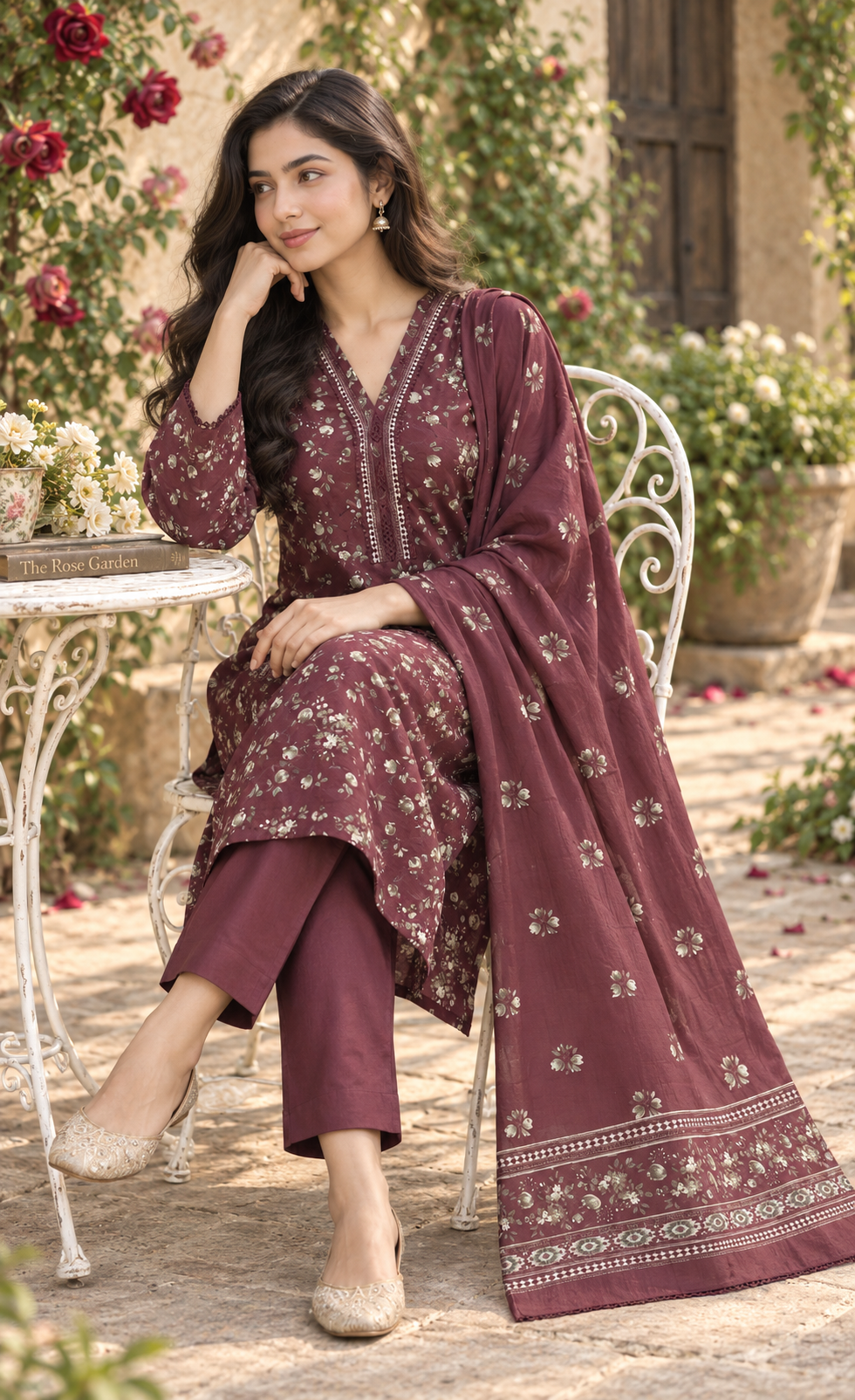 Bin Saeed Burgundy Floral Printed 3-Piece Suit