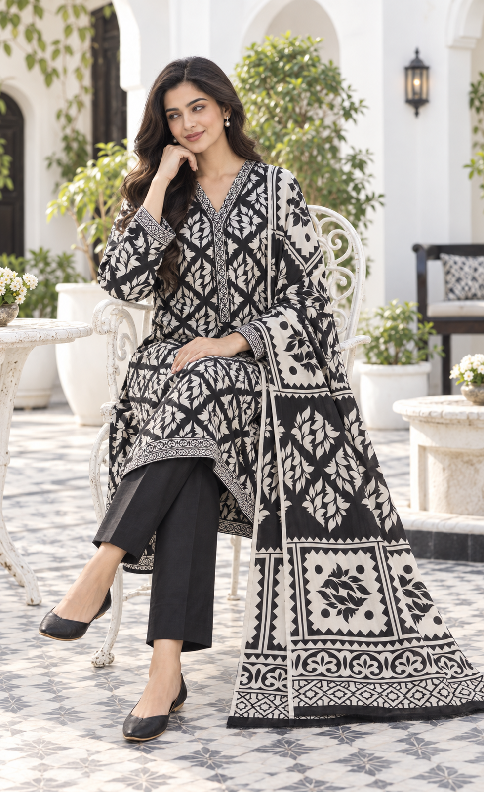 Bin Saeed Black & Ivory Printed 3-Piece Suit