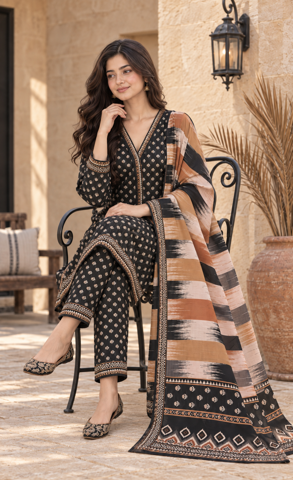Bin Saeed Black & Camel Printed 3-Piece Suit