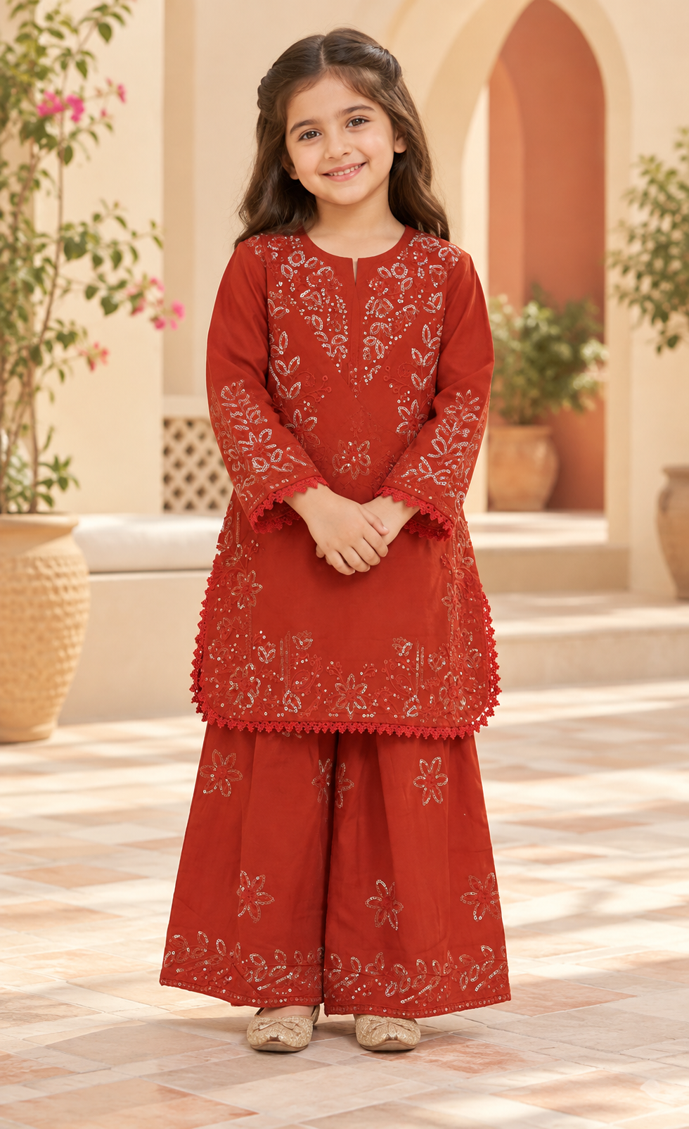 Kids Rust Red Embroidered 2-Piece Suit