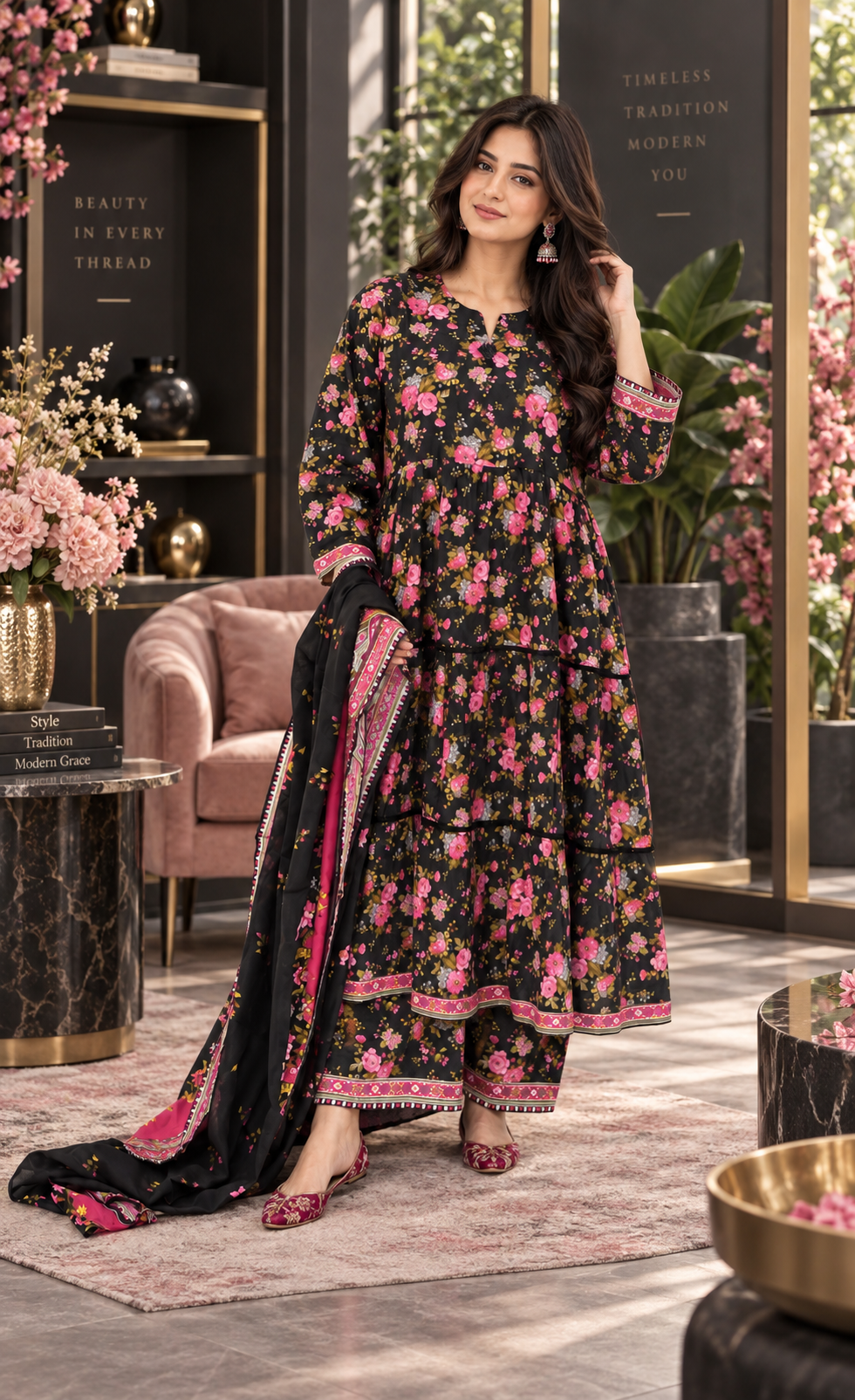 Minhal Black Floral Printed 3-Piece Suit