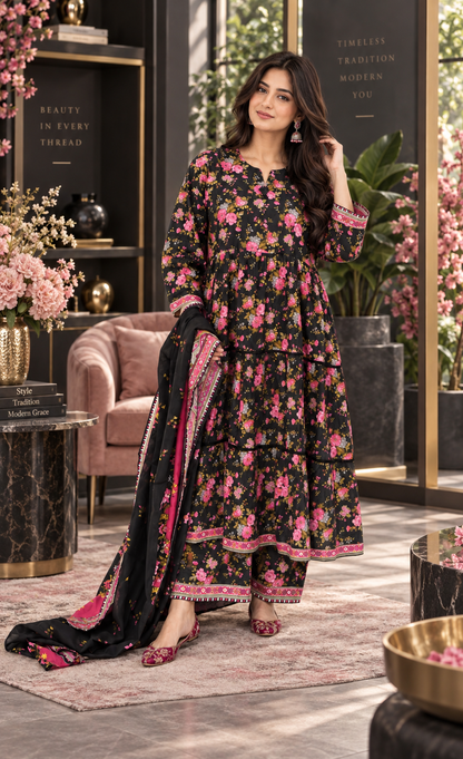 Minhal Black Floral Printed 3-Piece Suit