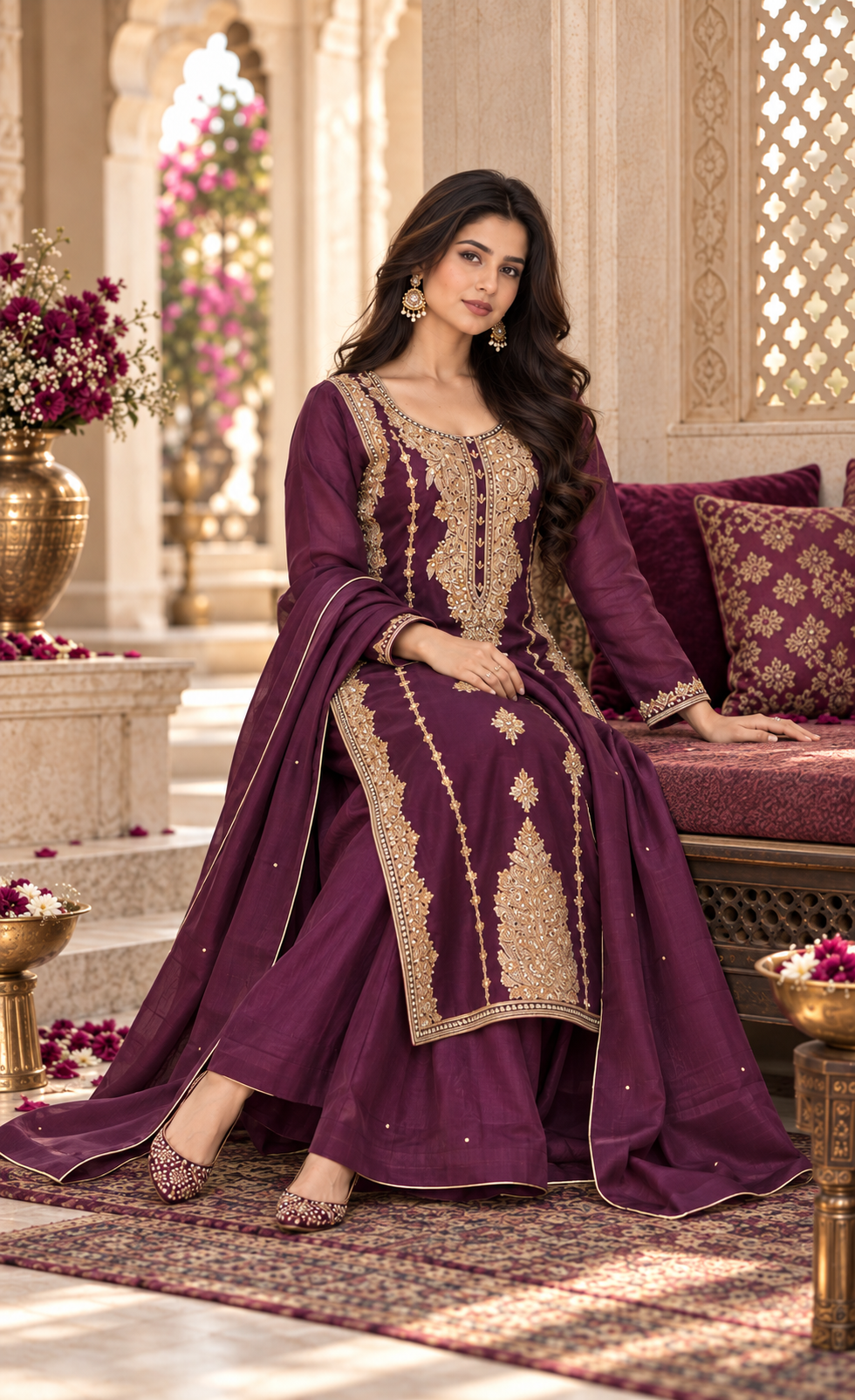 ZAW Fashion Deep Plum & Gold Embroidered 3-Piece Suit