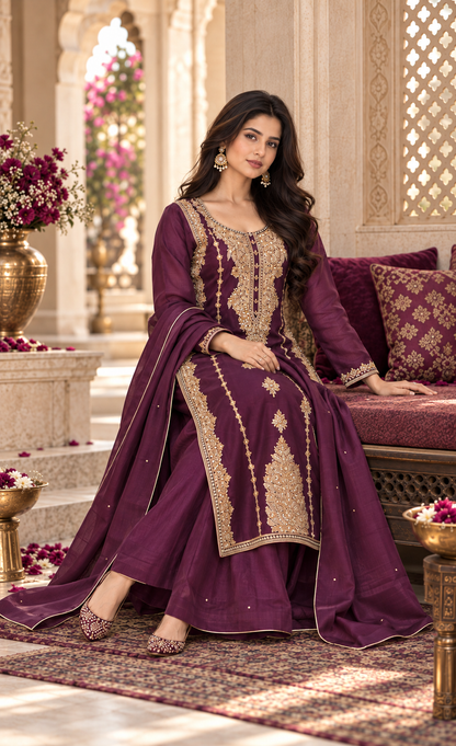 ZAW Fashion Deep Plum & Gold Embroidered 3-Piece Suit
