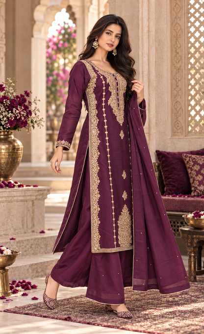 ZAW Fashion Deep Plum & Gold Embroidered 3-Piece Suit