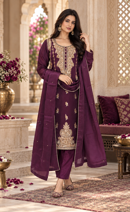ZAW Fashion Deep Plum & Gold Embroidered 3-Piece Suit