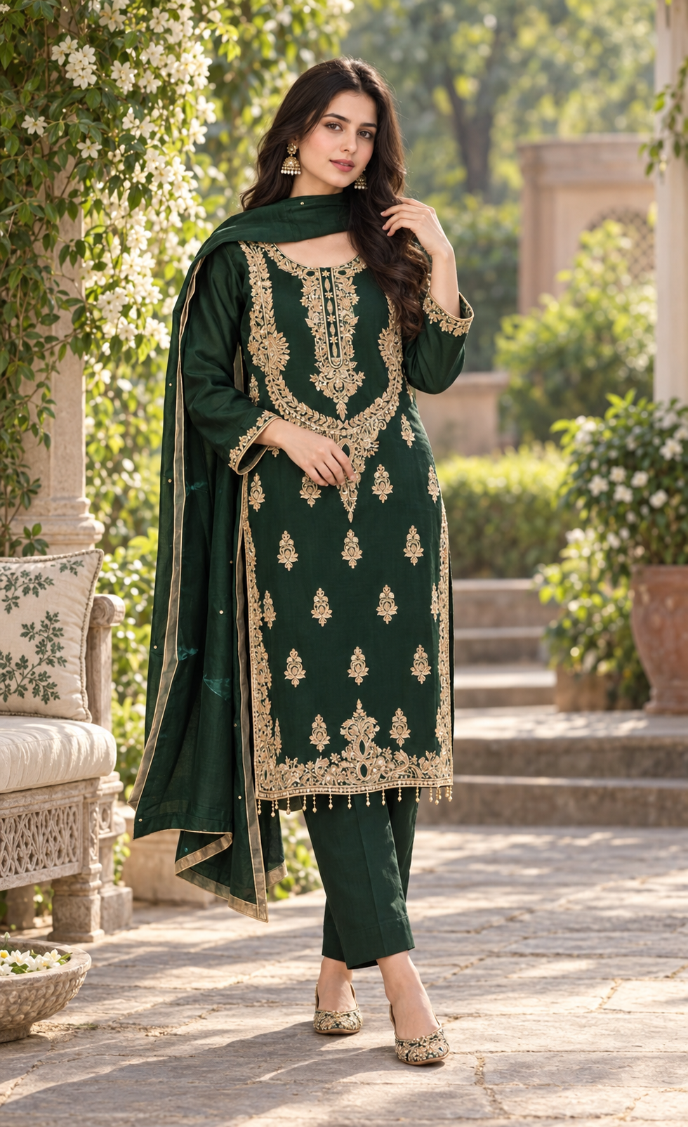 ZAW Fashion Emerald Green & Gold Embroidered 3-Piece Suit