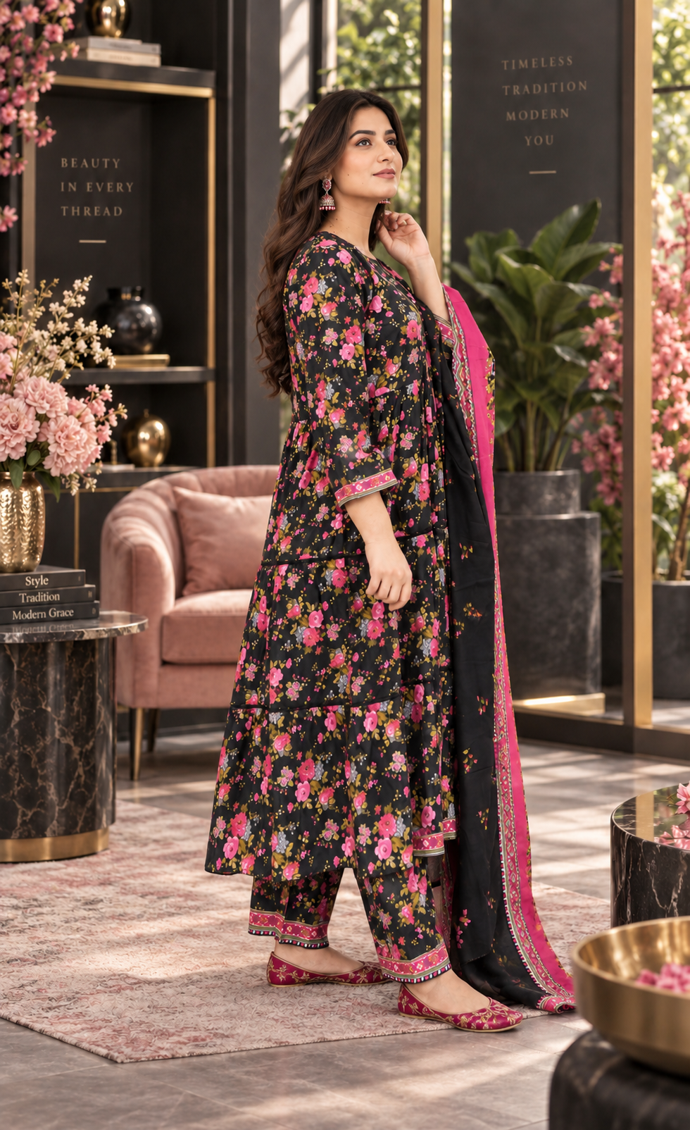 Minhal Black Floral Printed 3-Piece Suit