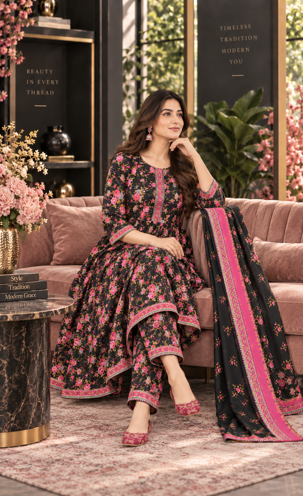 Minhal Black Floral Printed 3-Piece Suit