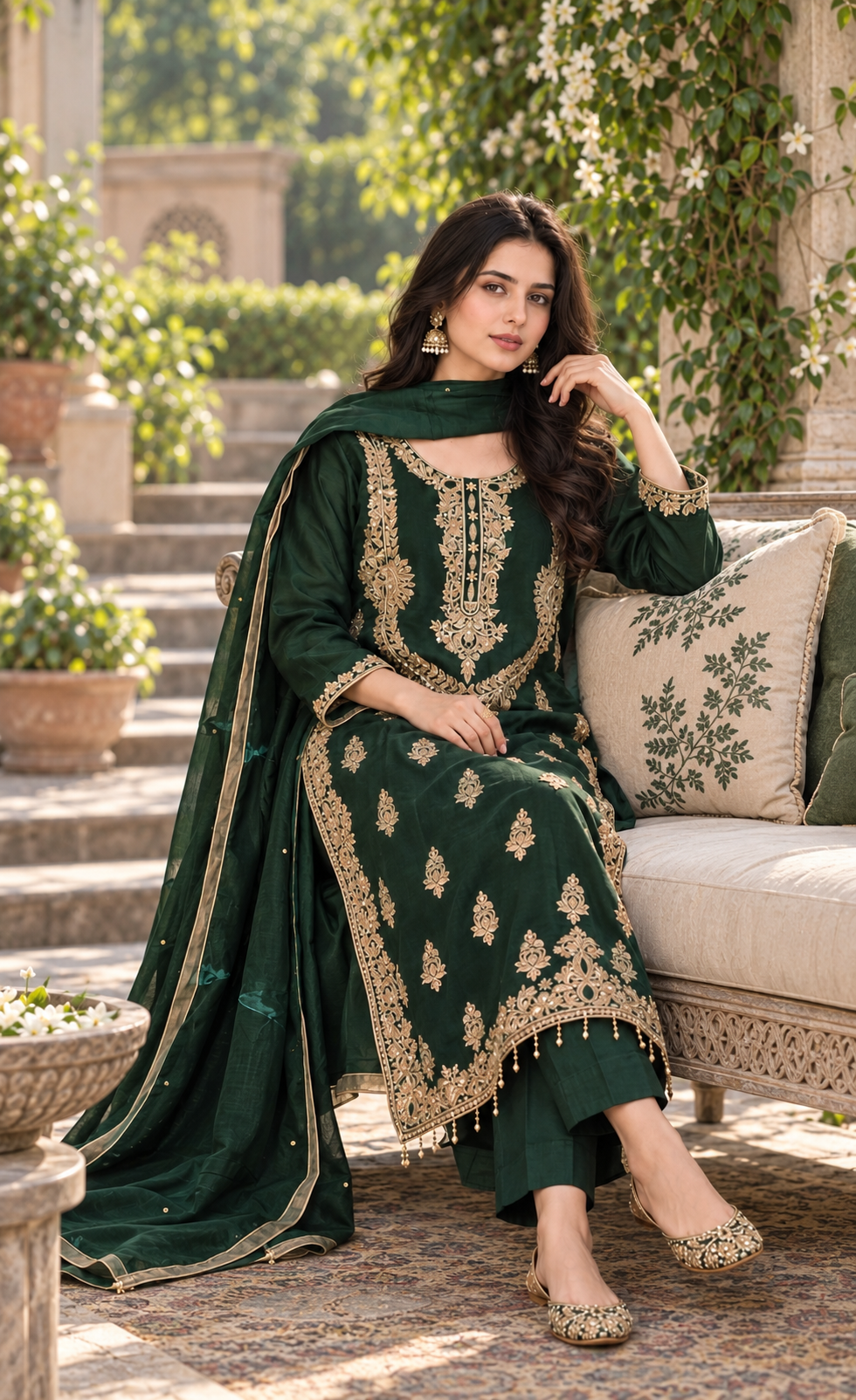 ZAW Fashion Emerald Green & Gold Embroidered 3-Piece Suit