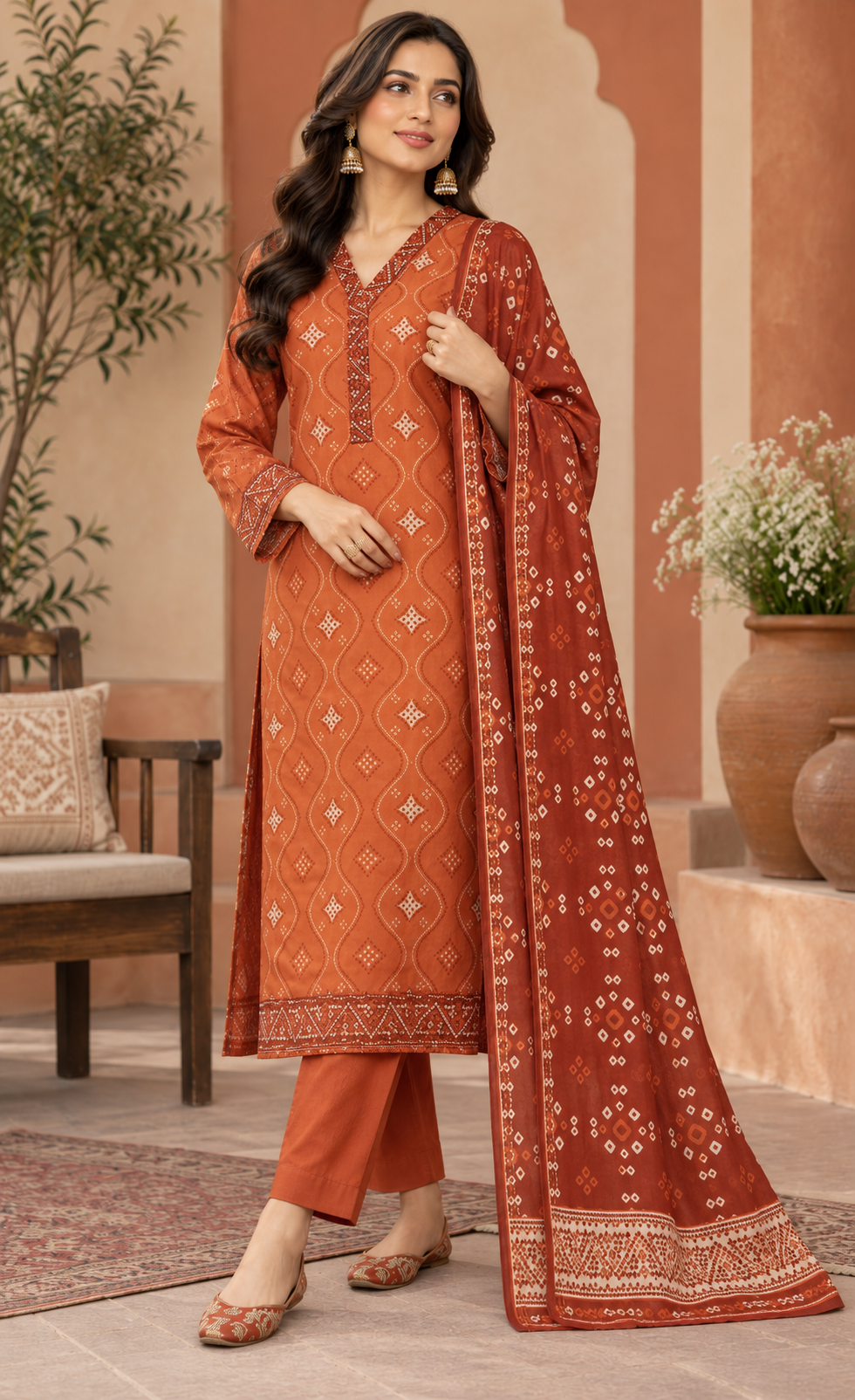 Tawakkal Rust Orange Printed 3-Piece Suit