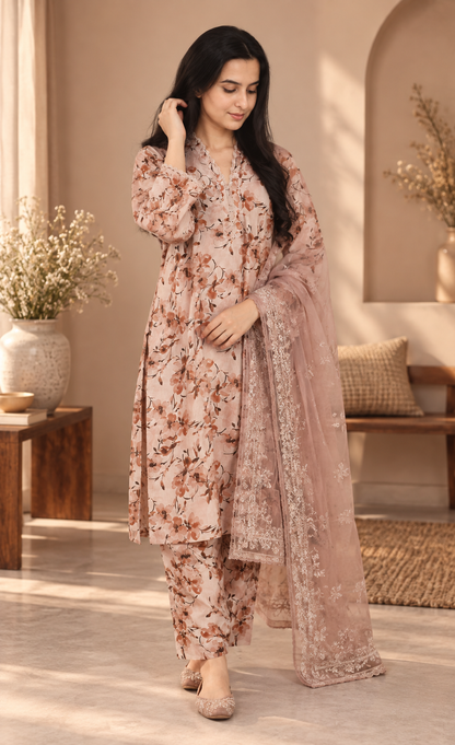 Minhal Blush Pink Floral Embroidered 3-Piece Suit