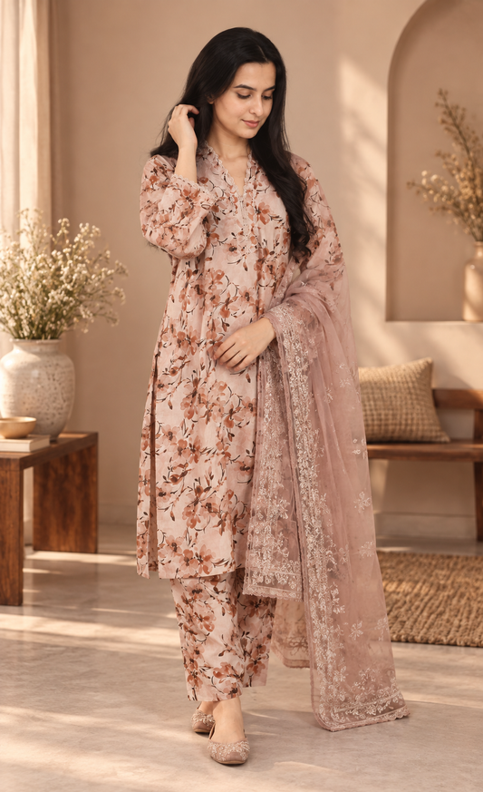 Minhal Blush Pink Floral Embroidered 3-Piece Suit
