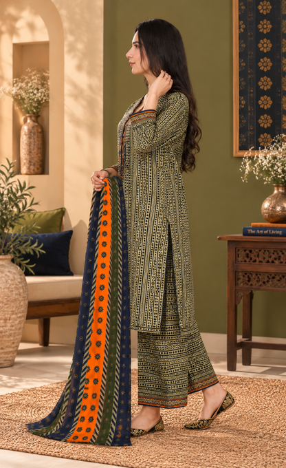 Bin Saeed Olive & Navy Printed 3-Piece Suit