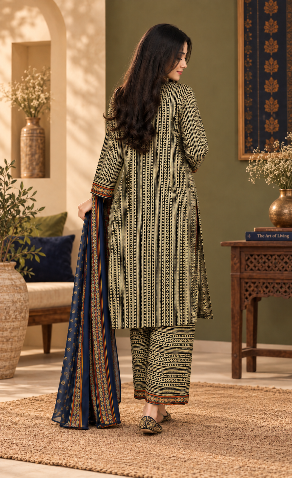 Bin Saeed Olive & Navy Printed 3-Piece Suit