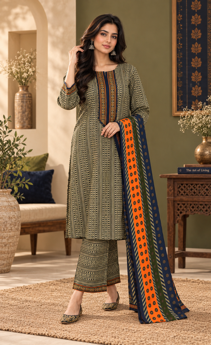 Bin Saeed Olive & Navy Printed 3-Piece Suit