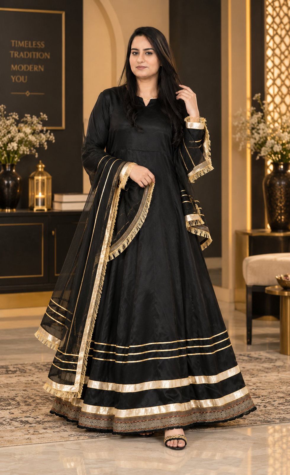 ZAW Fashion Black & Gold Anarkali 2-Piece Suit