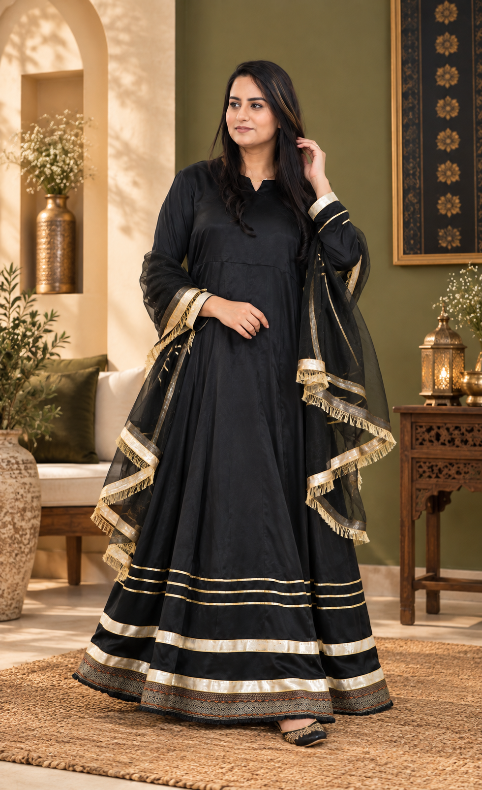 ZAW Fashion Black & Gold Anarkali 2-Piece Suit