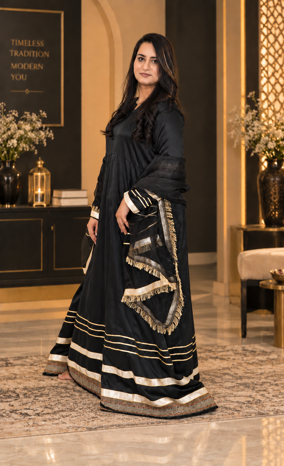 ZAW Fashion Black & Gold Anarkali 2-Piece Suit