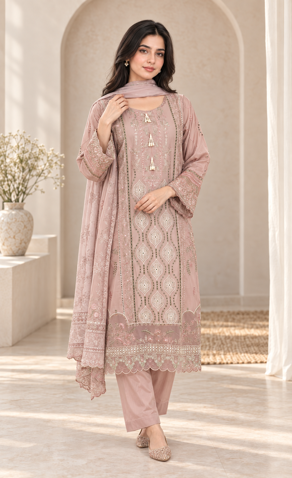 ZAW Fashion Dusty Pink Embroidered 3-Piece Suit