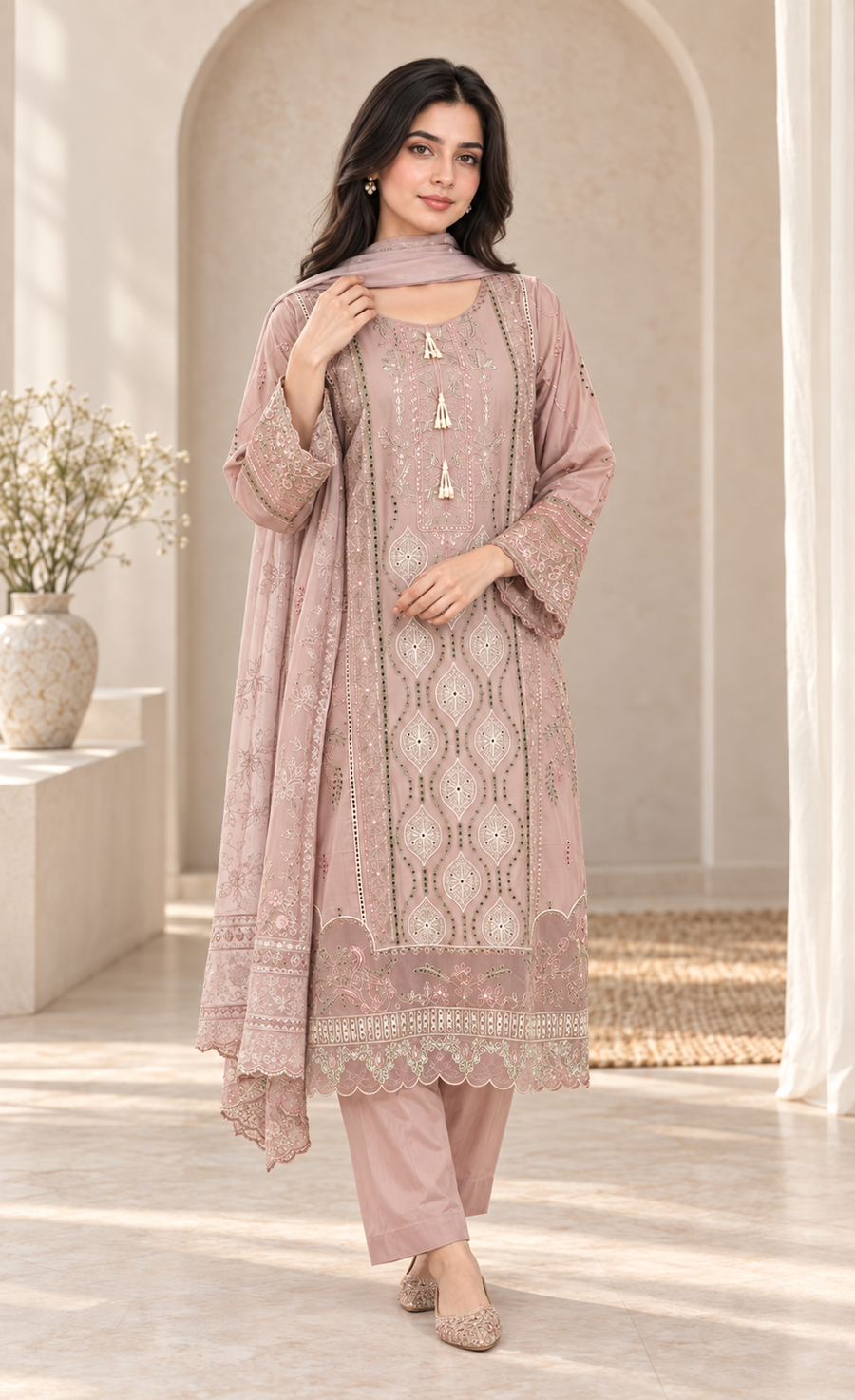ZAW Fashion Dusty Pink Embroidered 3-Piece Suit