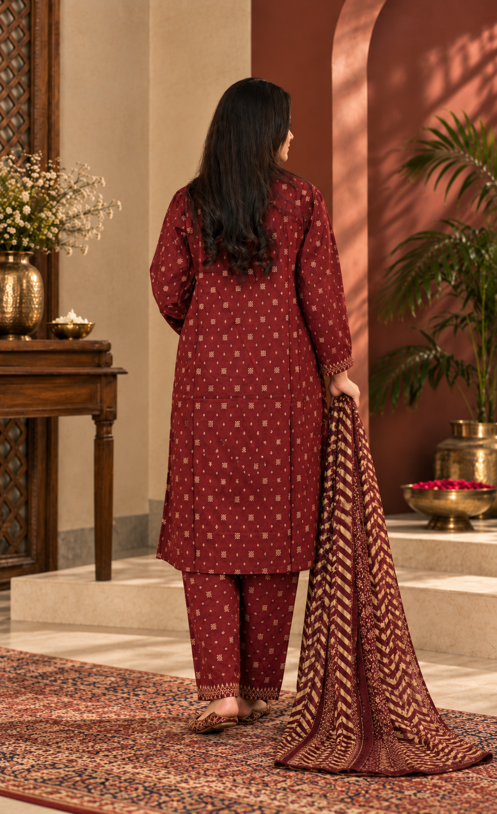 Bin Saeed Maroon & Gold Printed 3-Piece Suit