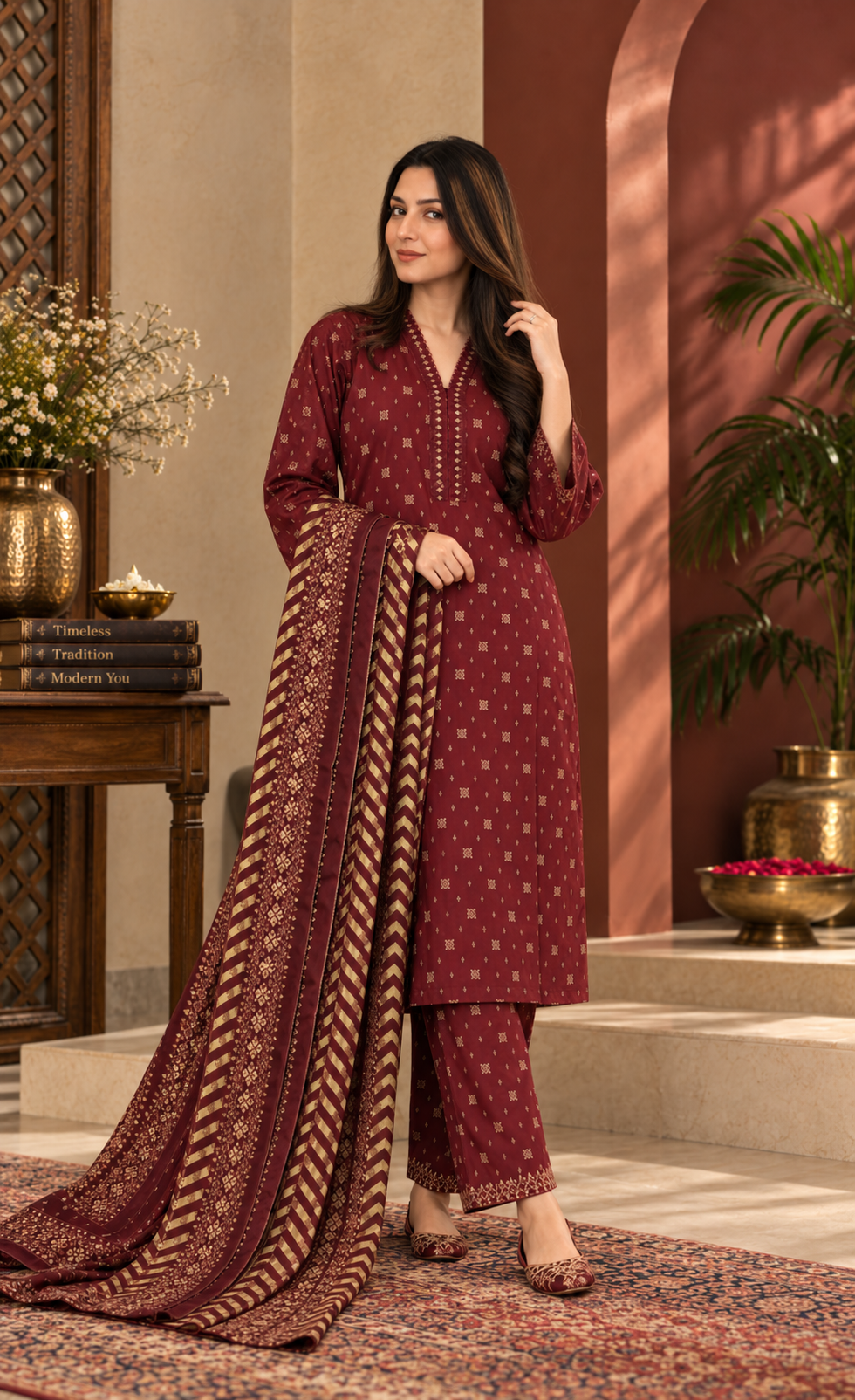Bin Saeed Maroon & Gold Printed 3-Piece Suit