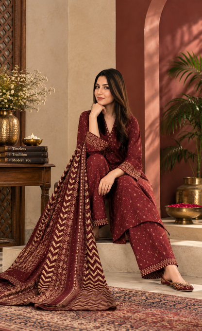 Bin Saeed Maroon & Gold Printed 3-Piece Suit