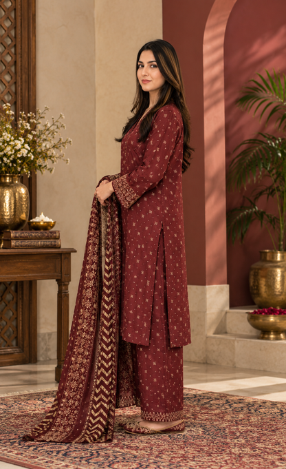 Bin Saeed Maroon & Gold Printed 3-Piece Suit