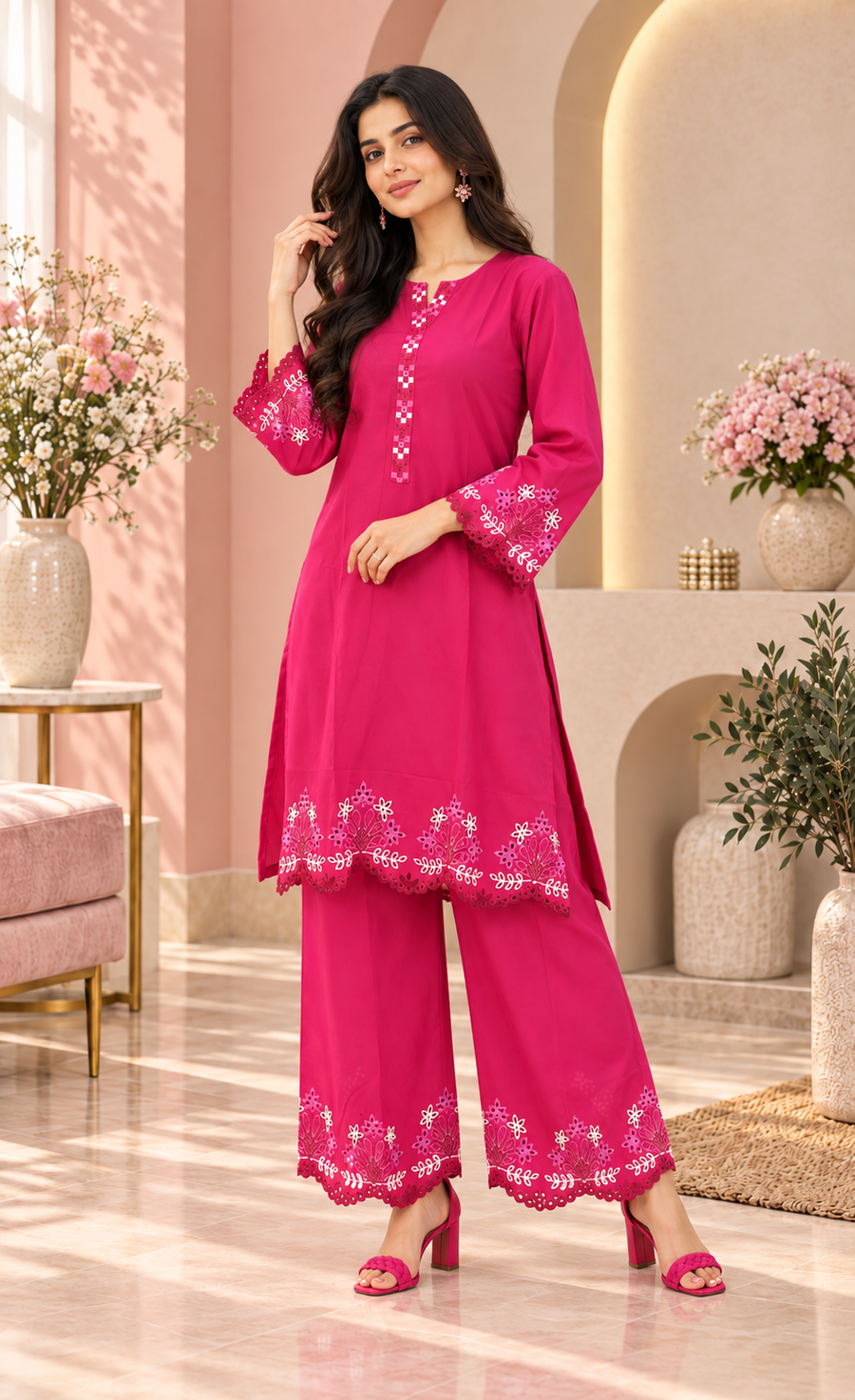ZAW Fashion Fuchsia Pink Embroidered 2-Piece Suit