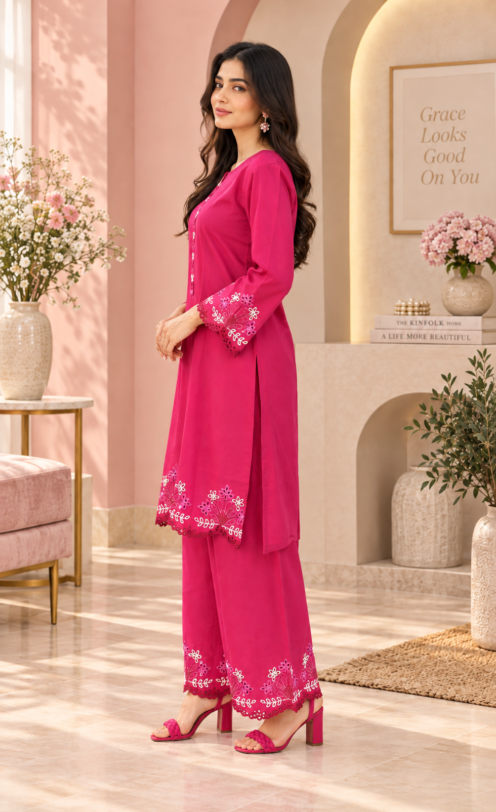 ZAW Fashion Fuchsia Pink Embroidered 2-Piece Suit