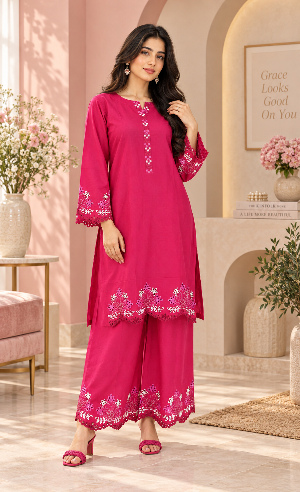 ZAW Fashion Fuchsia Pink Embroidered 2-Piece Suit