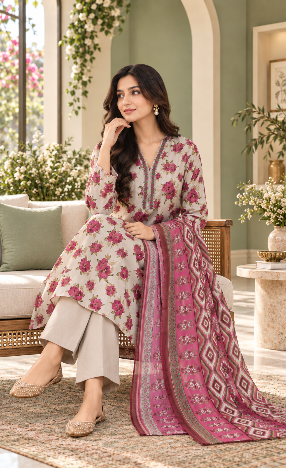 Bin Saeed Ivory & Magenta Floral Printed 3-Piece Suit