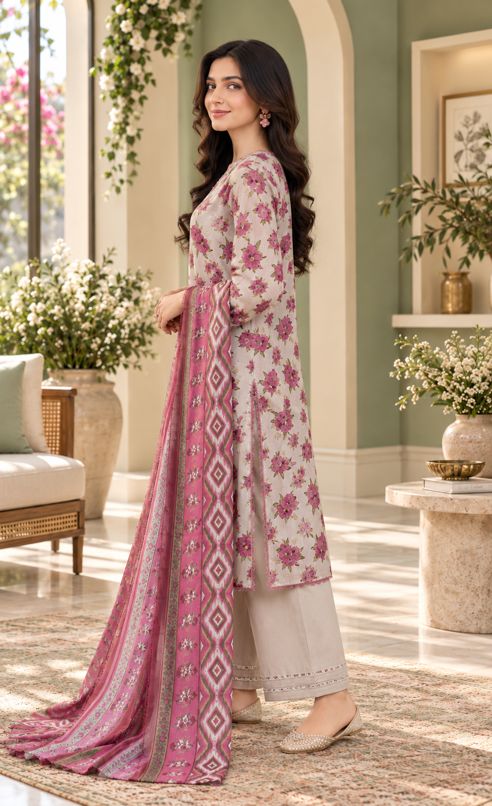Bin Saeed Ivory & Magenta Floral Printed 3-Piece Suit