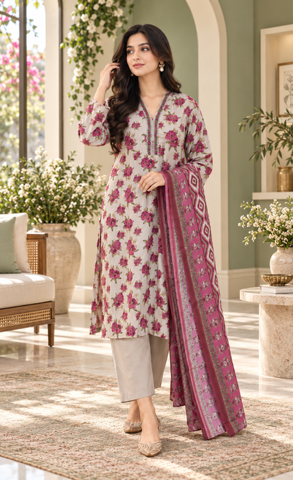 Bin Saeed Ivory & Magenta Floral Printed 3-Piece Suit