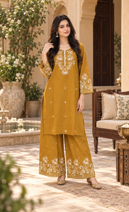ZAW Fashion Mustard Gold Embroidered 2-Piece Suit