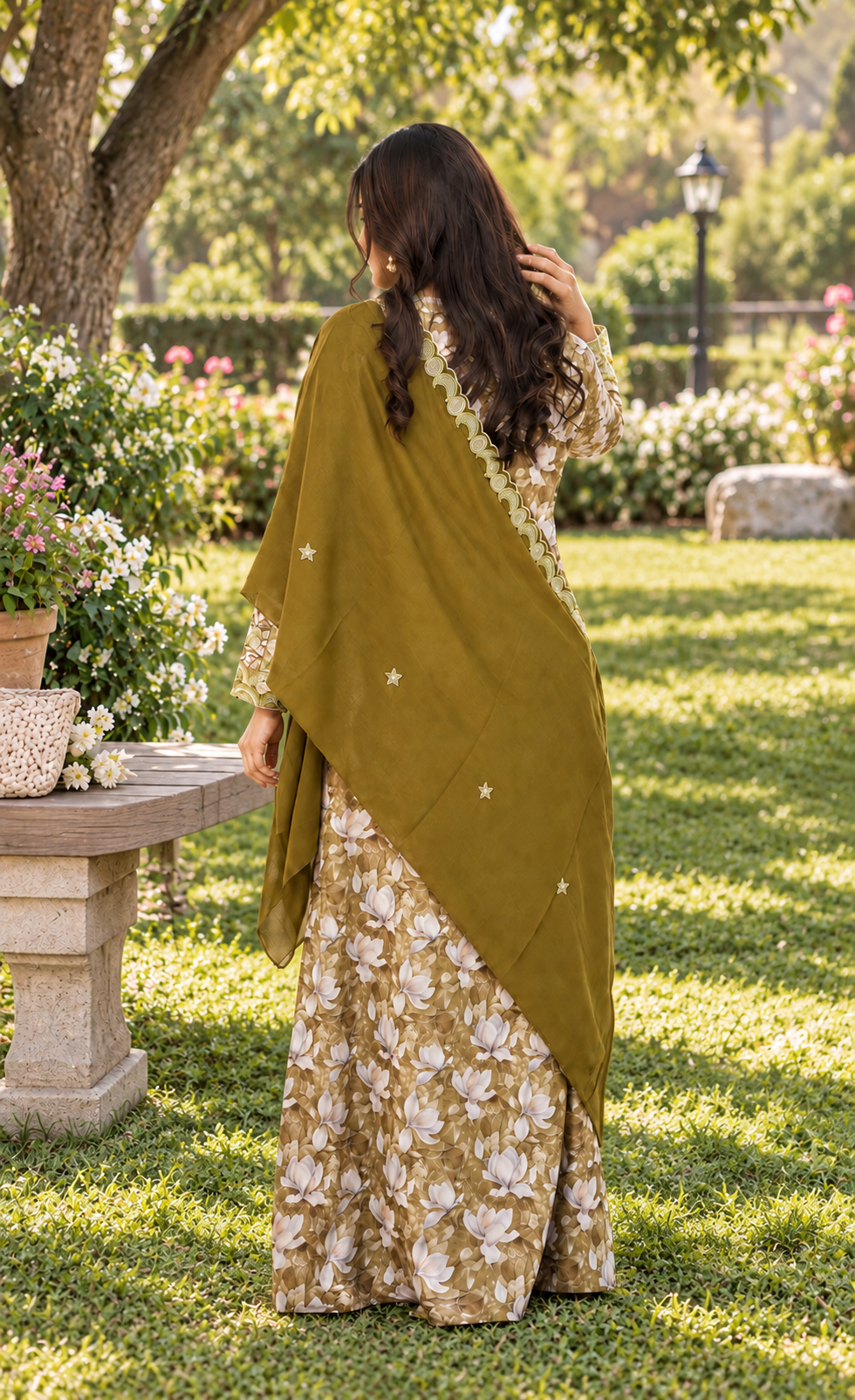 ZAW Fashion Olive Gold Floral Printed 2-Piece Maxi Unstitched