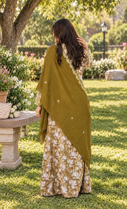 ZAW Fashion Olive Gold Floral Printed 2-Piece Maxi Unstitched