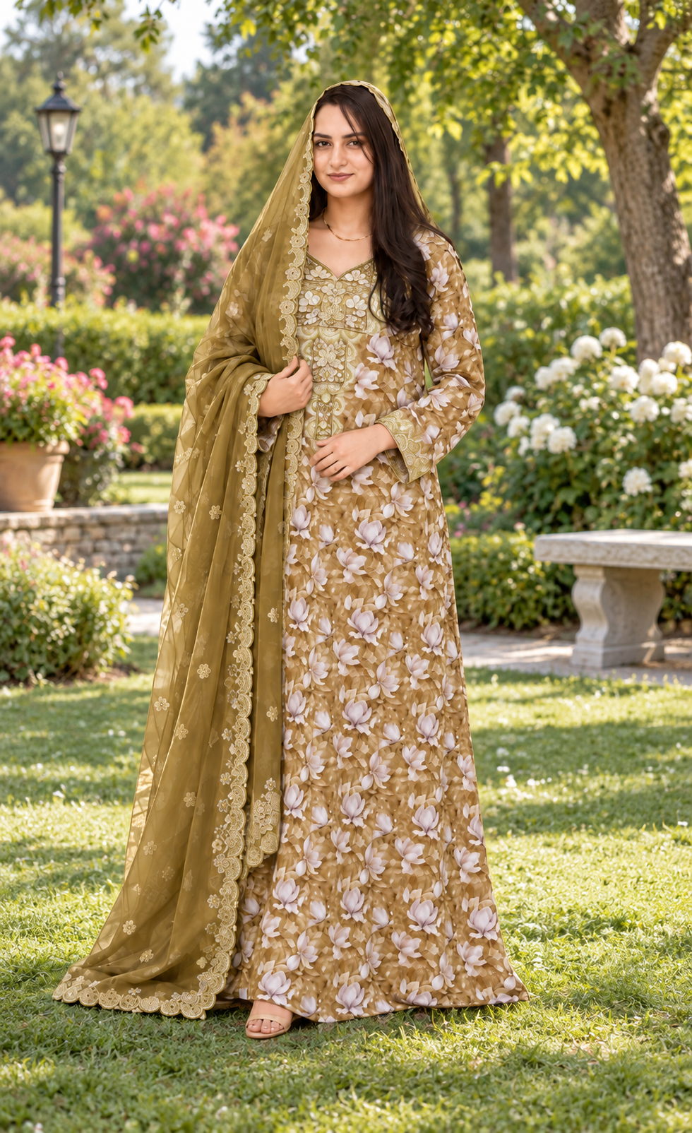 ZAW Fashion Olive Gold Floral Printed 2-Piece Maxi Unstitched