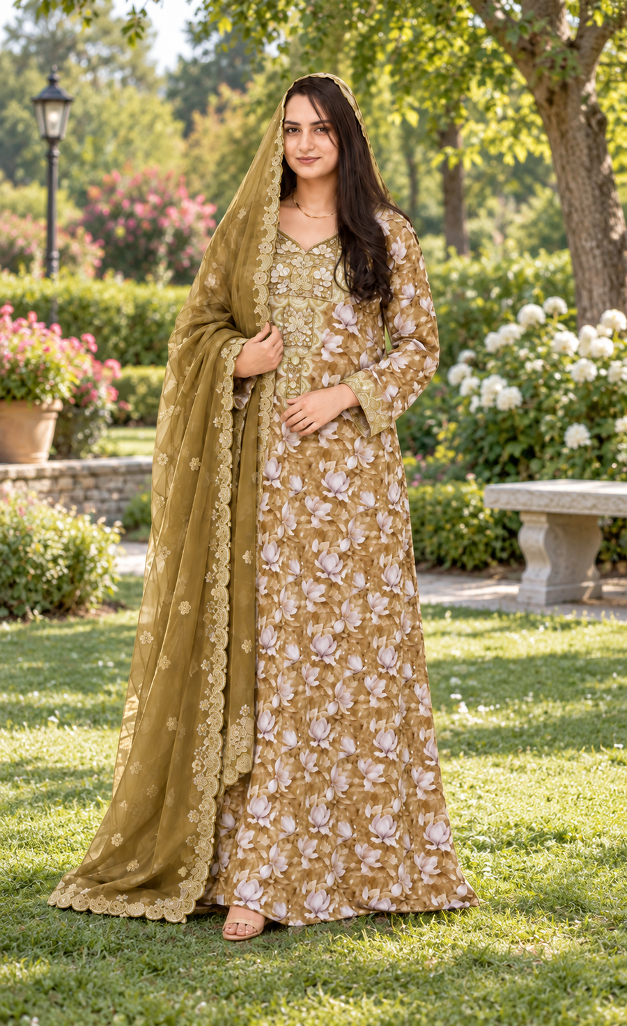 ZAW Fashion Olive Gold Floral Printed 2-Piece Maxi Unstitched